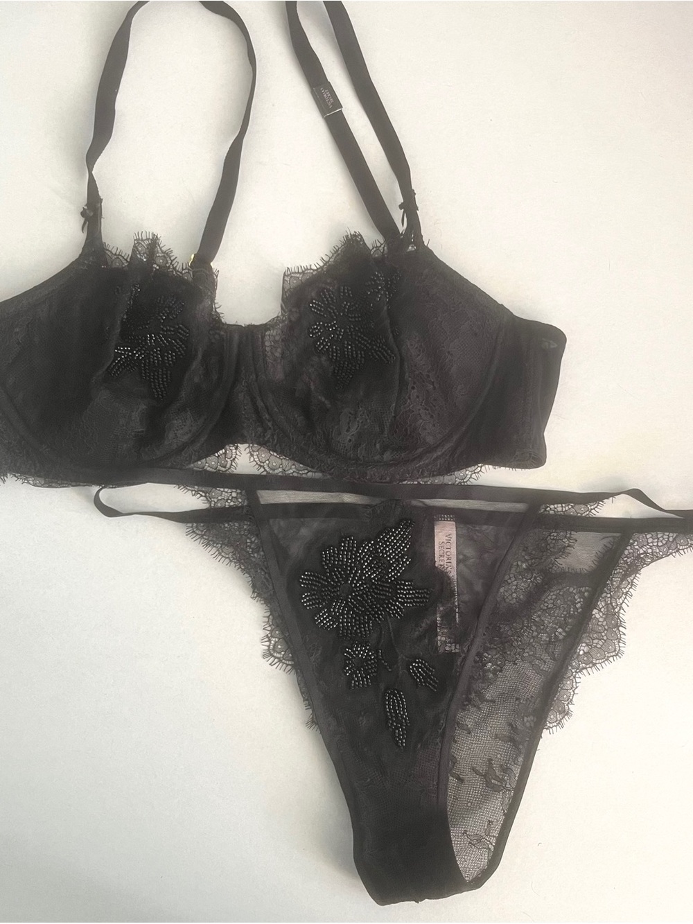 Victoria’s Secret Black Lace and Beaded Underwire Bra (38C) & Panty (XL) Set